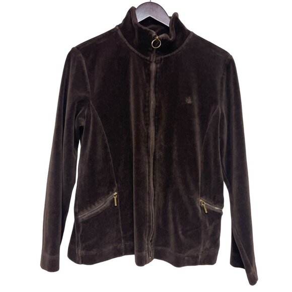 Ralph Lauren Women's Track Jacket Brown Velour Full Zip Long Sleeve Size Large - Picture 1 of 9